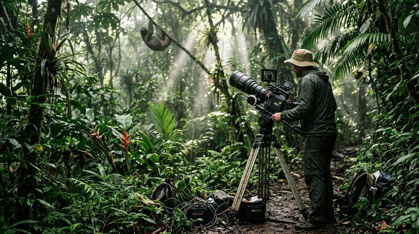 Operador de cámara de TVBGN filmando con teleobjetivo a un perezoso de tres dedos en la selva tropical de Costa Rica