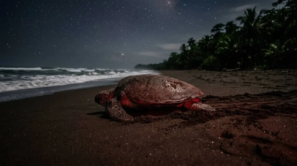 Tortuga verde hembra avanzando de noche por la playa de Tortuguero en Costa Rica bajo luz roja de observación